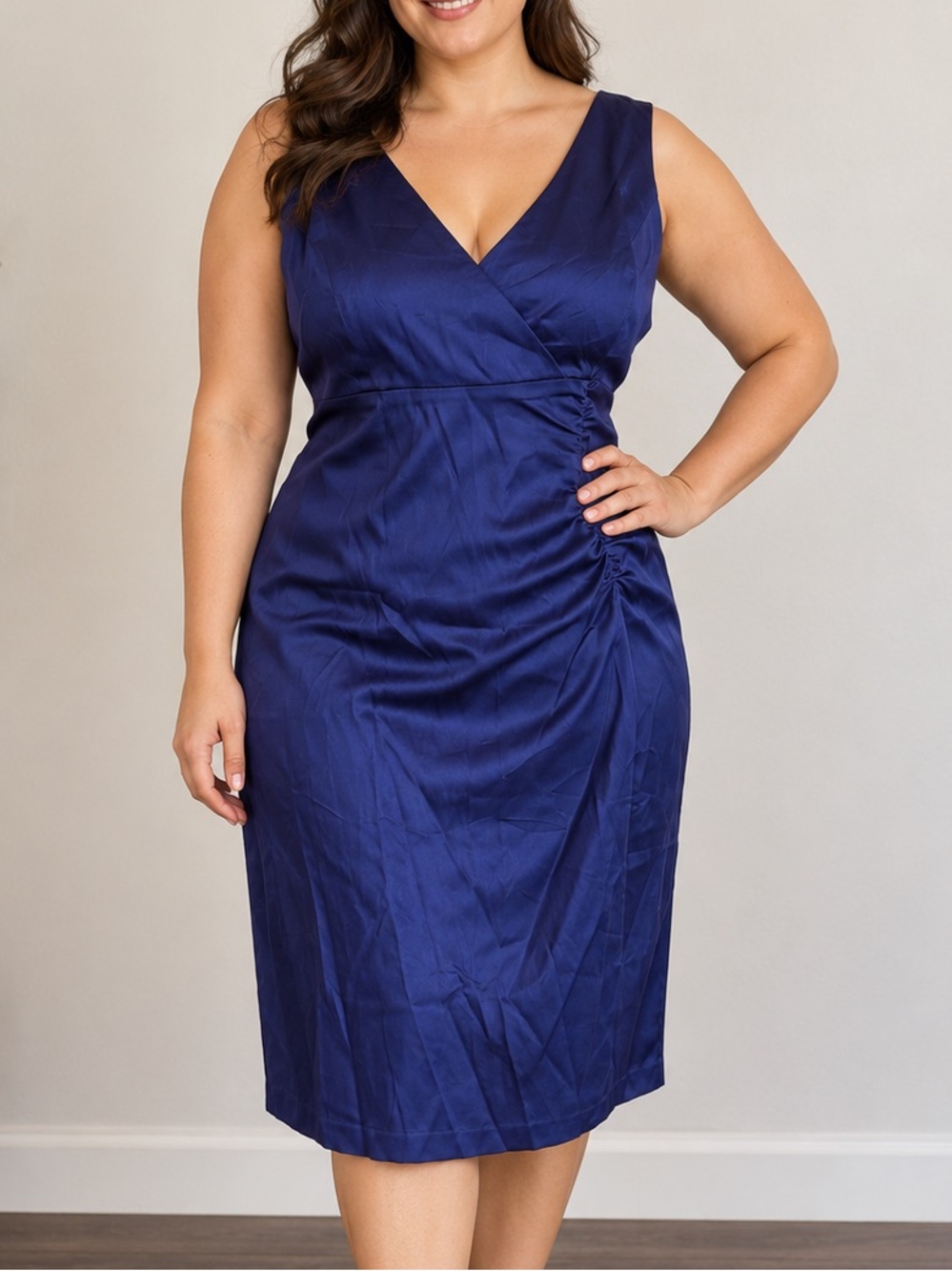 Donna Ricco Size 14 Indigo Satin Ruched V-Neck Cocktail Dress